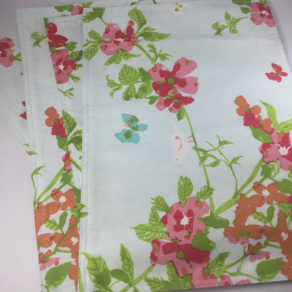 Placemats Cotton Light Blue with Red Pink Flowers Butterflies Birds Set of 4. 19
